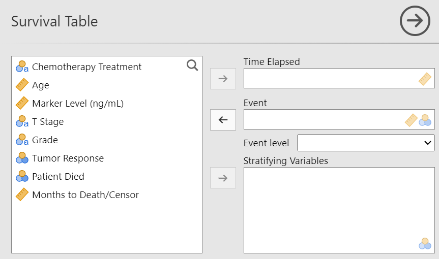 Jamovi interface showing the Event variable assignment and Event level selection