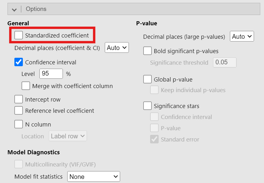 jamovi interface highlighting the Standardized Coefficients option in regression tables