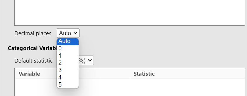 The Decimal places selection dropdown showing Auto and fixed numerical options